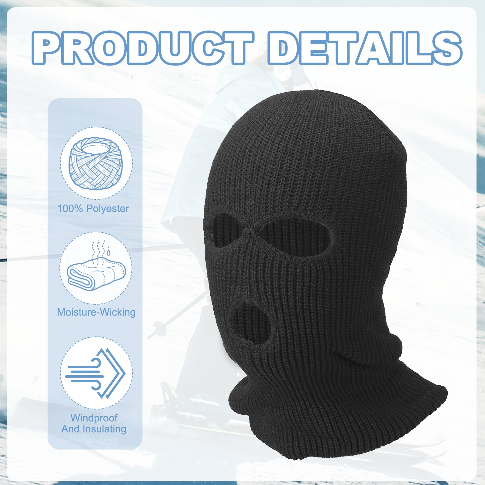 Uxcell 3-Hole Full Face Mask Cover, Ski Mask Knitted Warm Knit Cover Winter Balaclava Face Mask Cap Ski Polyester& 2 Pcs& Black -Fitting for ( Men/Women/Winter Outdoor Sports/Skiing)