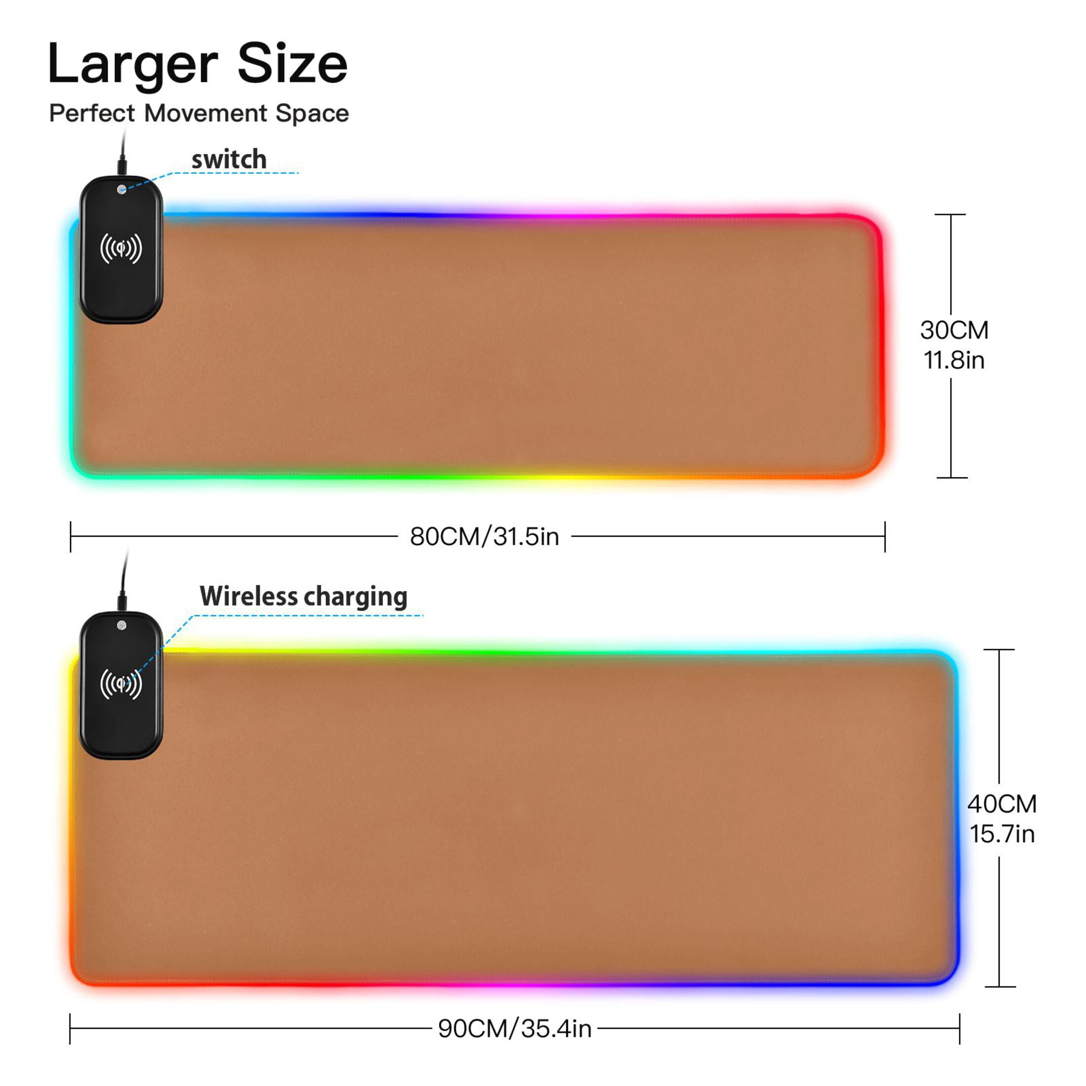 Wireless Charging Mouse Pad Large RGB Gaming Desk Mat 13 Light Modes Mousepad 31.5x11.8 Brown