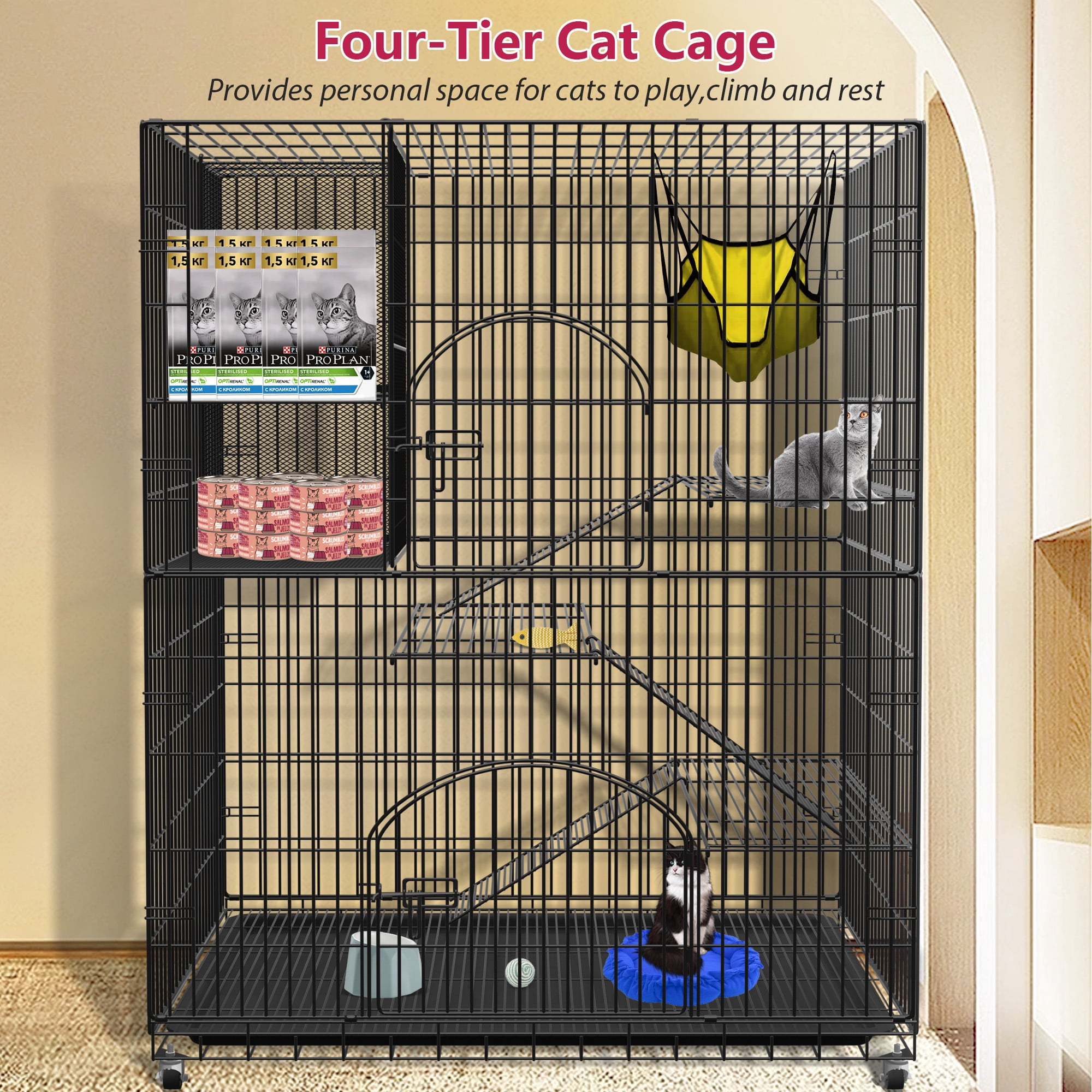 Jhsomdr 4-Tier Large Cat Cage Indoor Cat Enclosures with Storage Cube 58"H Collapsible Metal Cat Playpen Ferret Cage Outdoor Cat Kennel with 2 Doors