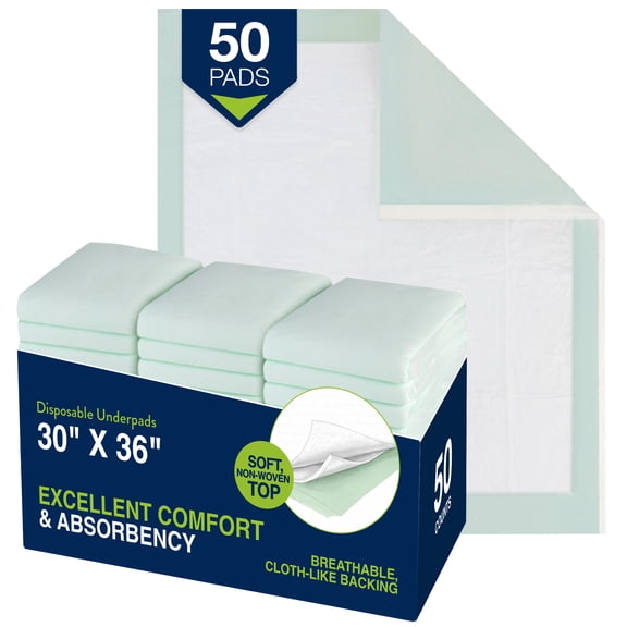 HALYARD Premium Disposable Underpads, 30 x 36 Inches Chux Pads - Light Green, Case of 50 - Incontinence Bed Pads for Adults with Airlaid Core for Moisture and Odor Control