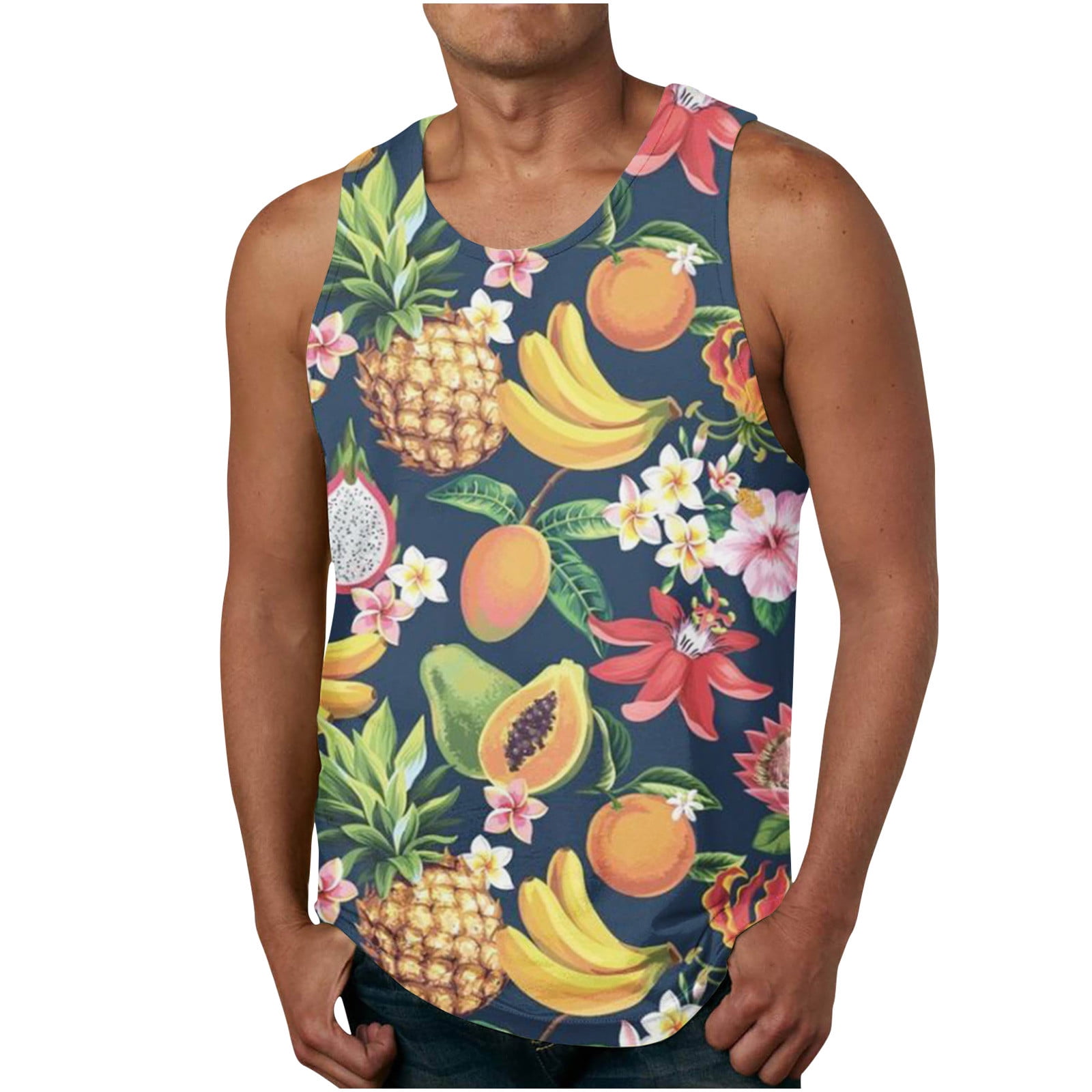 Men Hawaiian Tank Tops Casual Floral Print Sleeveless Tshirt Round Neck