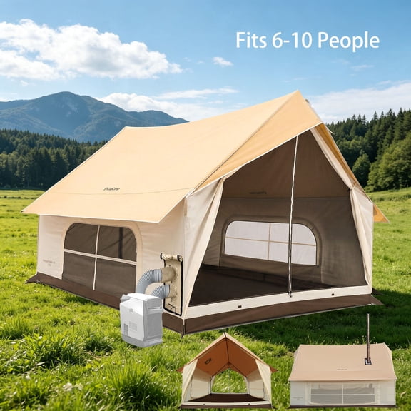 KingCamp Camping Tent, Glamping Tent, 6-10 Person Camping Tent with Skylight, Air Conditioner Port & Stove Jack, 2 Doors and 2 Windows, Large Tent for Family Camping, Waterproof & Easy Setup