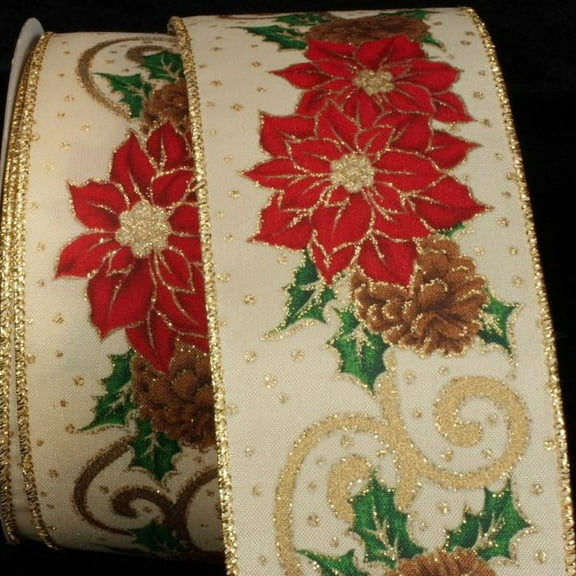 The Ribbon People Set of 1 Gold and Green Wired Floral Design Ribbon, 4" x 20 yds