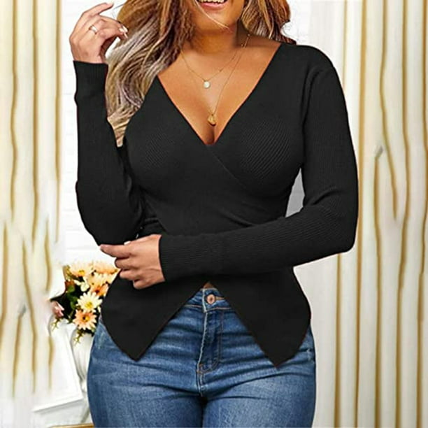 Puntoco Moda Mujer Cruz Sólido Manga Larga Transpirable Con Cuello En V Camisa Blusa tops Puntoco Puntoco-1495
