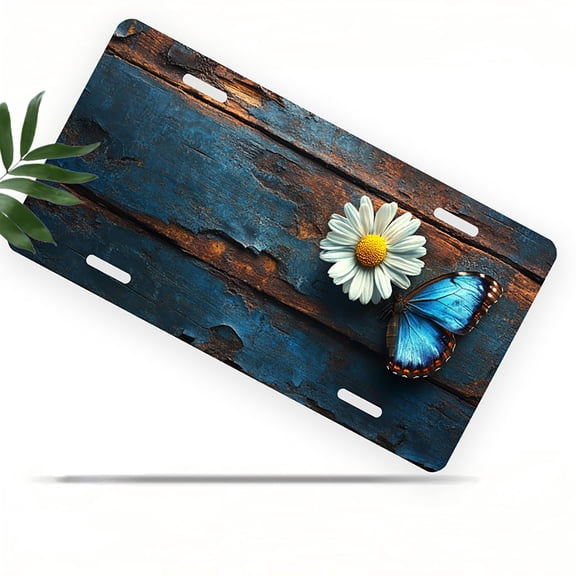 License Plate, Daisy and Blue Butterfly Decorative Front,Personalized Stainless Steel License Plate Cover For Men Women,12.2" X 6.2"