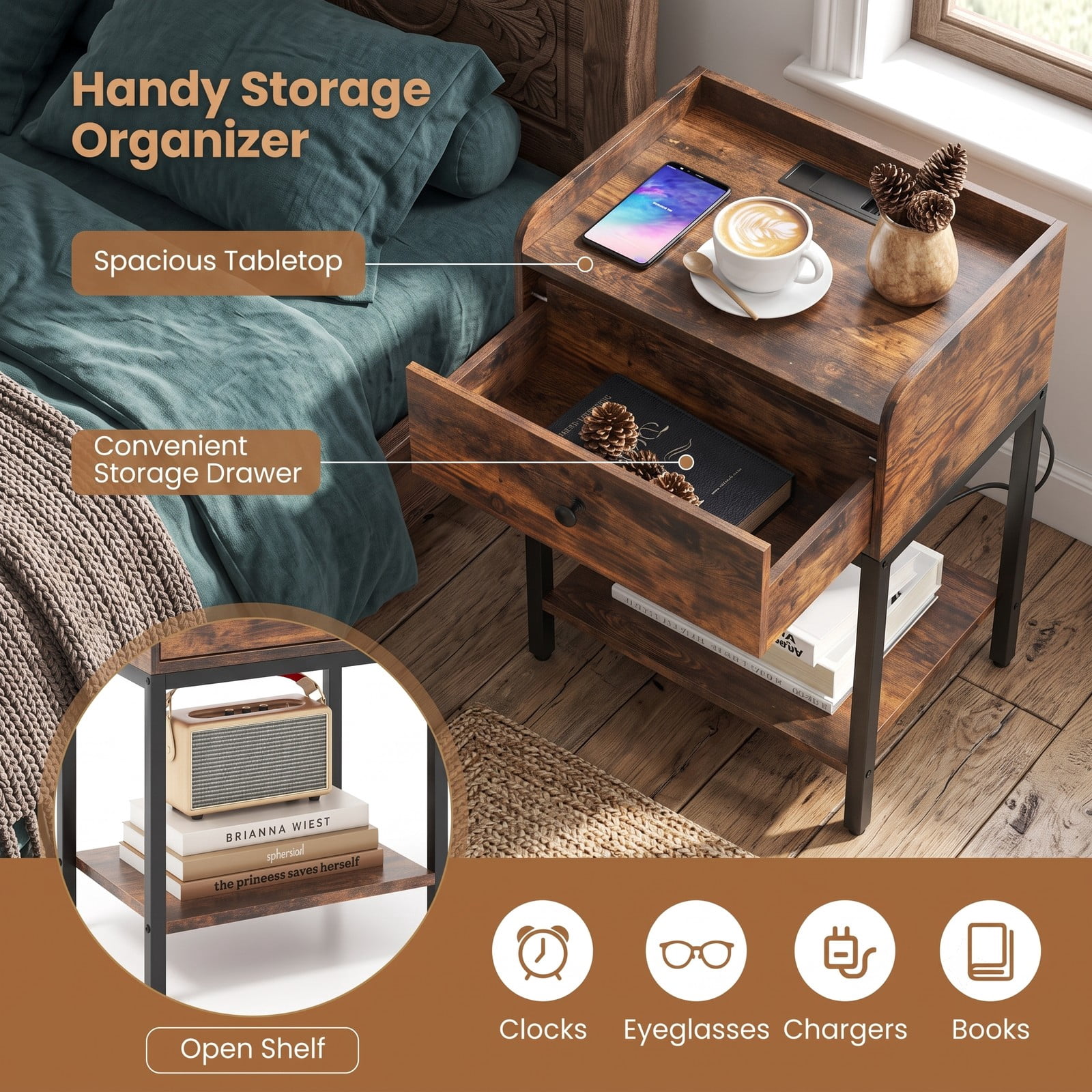 Furnibear Industrial Nightstand with Charging Station and Drawer for Convenient Bedside Storage in the Bedroom and Living Room, Rustic Brown