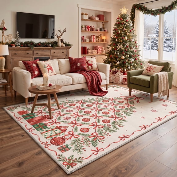 KUETH 5'x7' Christmas Machine Washable Area Rug, Non-Slip Rugs for Living Room, Bedroom and Dining Area, Beige