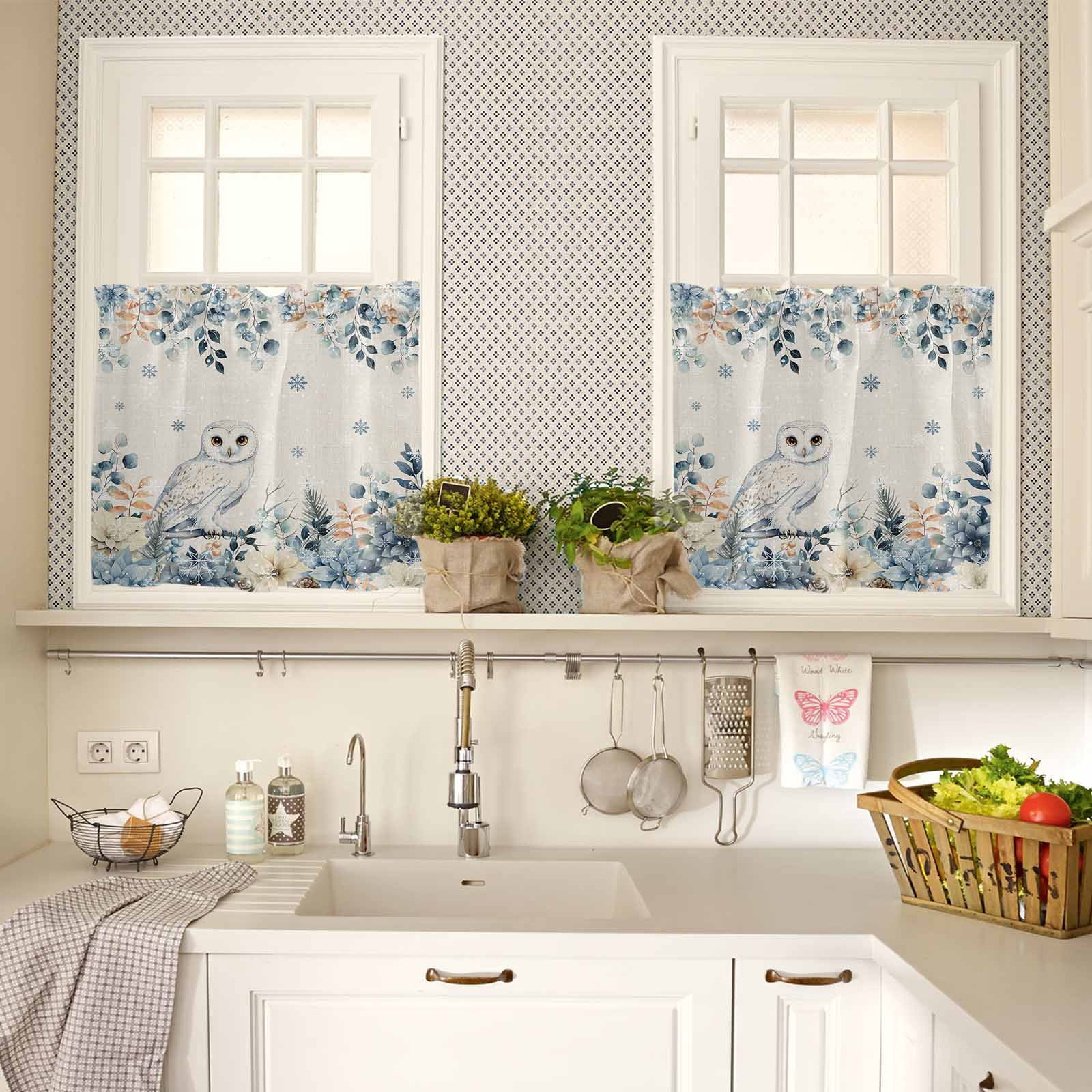 Christmas Owl Kitchen Curtains and Valances Set, Blue Eucalyptus Leaves Floral Winter Linen Rod Pocket Window Valance Window Curtain Panels for Living Room Bedroom Laundry, 27.5x36in, 3 Pieces