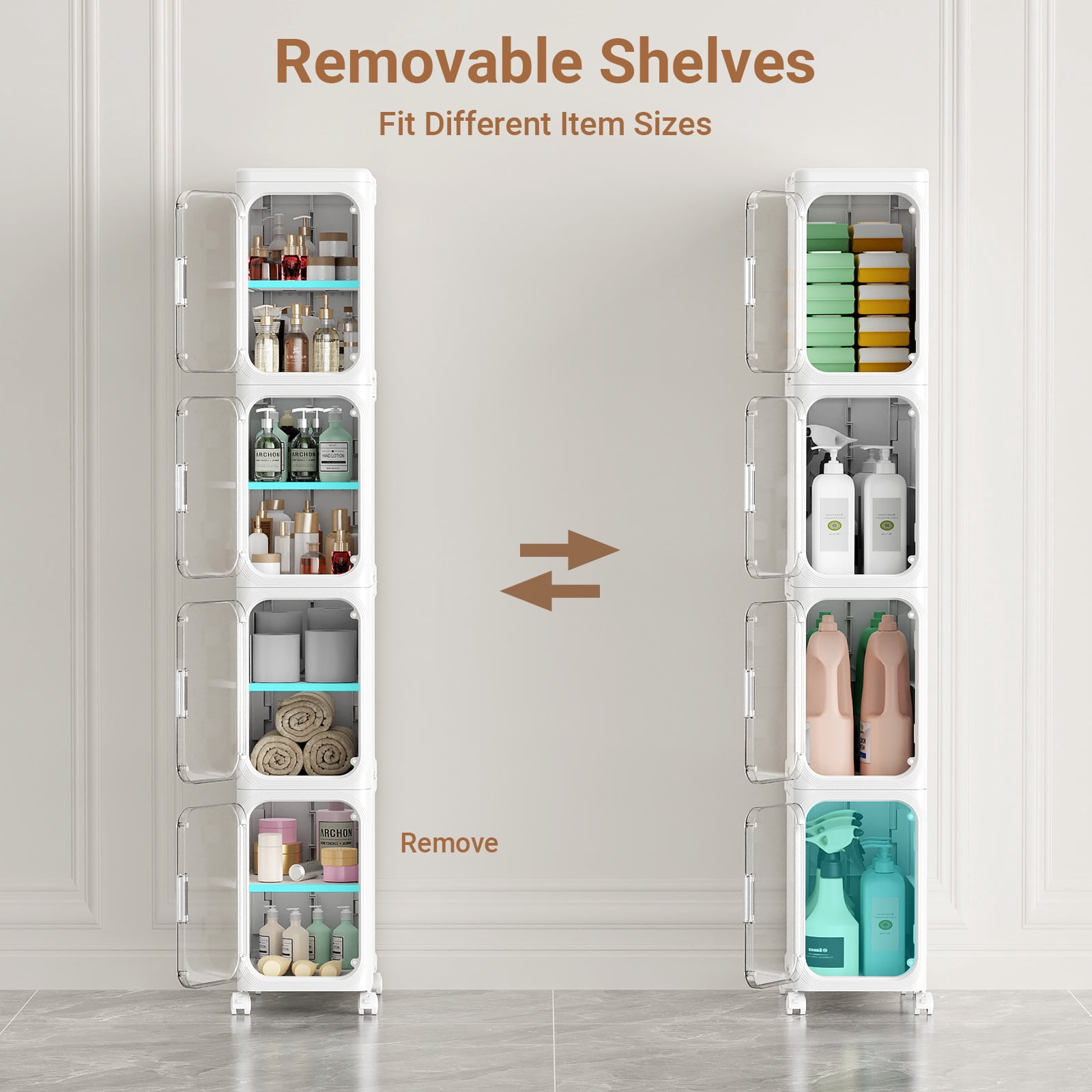 BROVIEW 4-Tier Slim Bathroom Storage Cabinet, Foldable Narrow Bathroom Cabinet Organizer for Small Spaces, Adjustable Fridge & Vanity Gap Storage, Easy Move, White