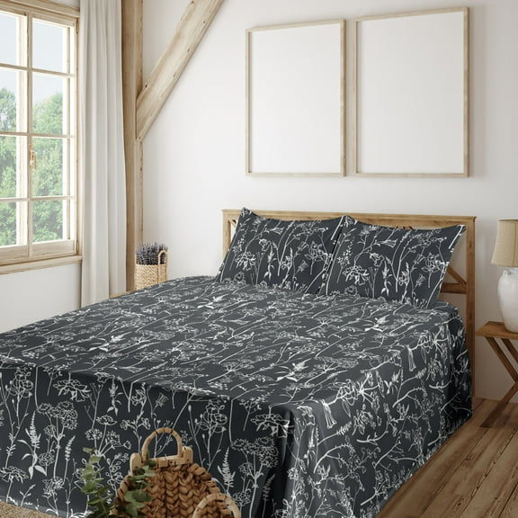 Ambesonne Flowers Boho Fitted & Flat Sheet with Shams 4 Pcs Set, Simple Floral Pattern, King, Charcoal Grey White