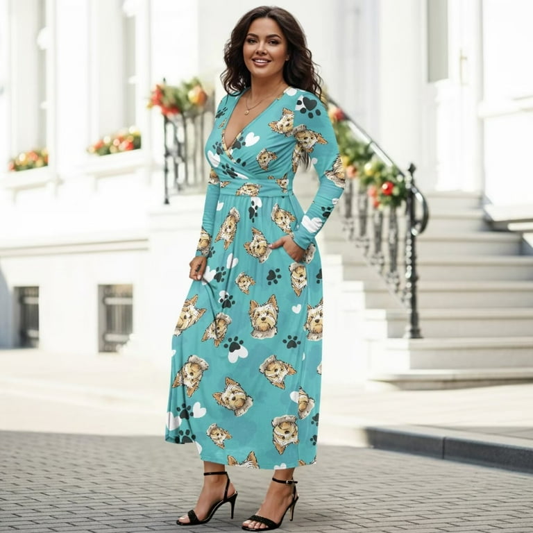 Fkelyi Love Green Dog Paw Print Womens Fall Maxi Dress Long Sleeve V Neck Wedding Guest Dresses Flowy A-Line Elegant Dress with Pockets, XL