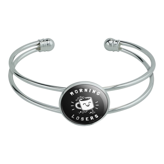 Morning Losers Coffee Cup Funny Humor Novelty Silver Plated Metal Cuff Bangle Bracelet