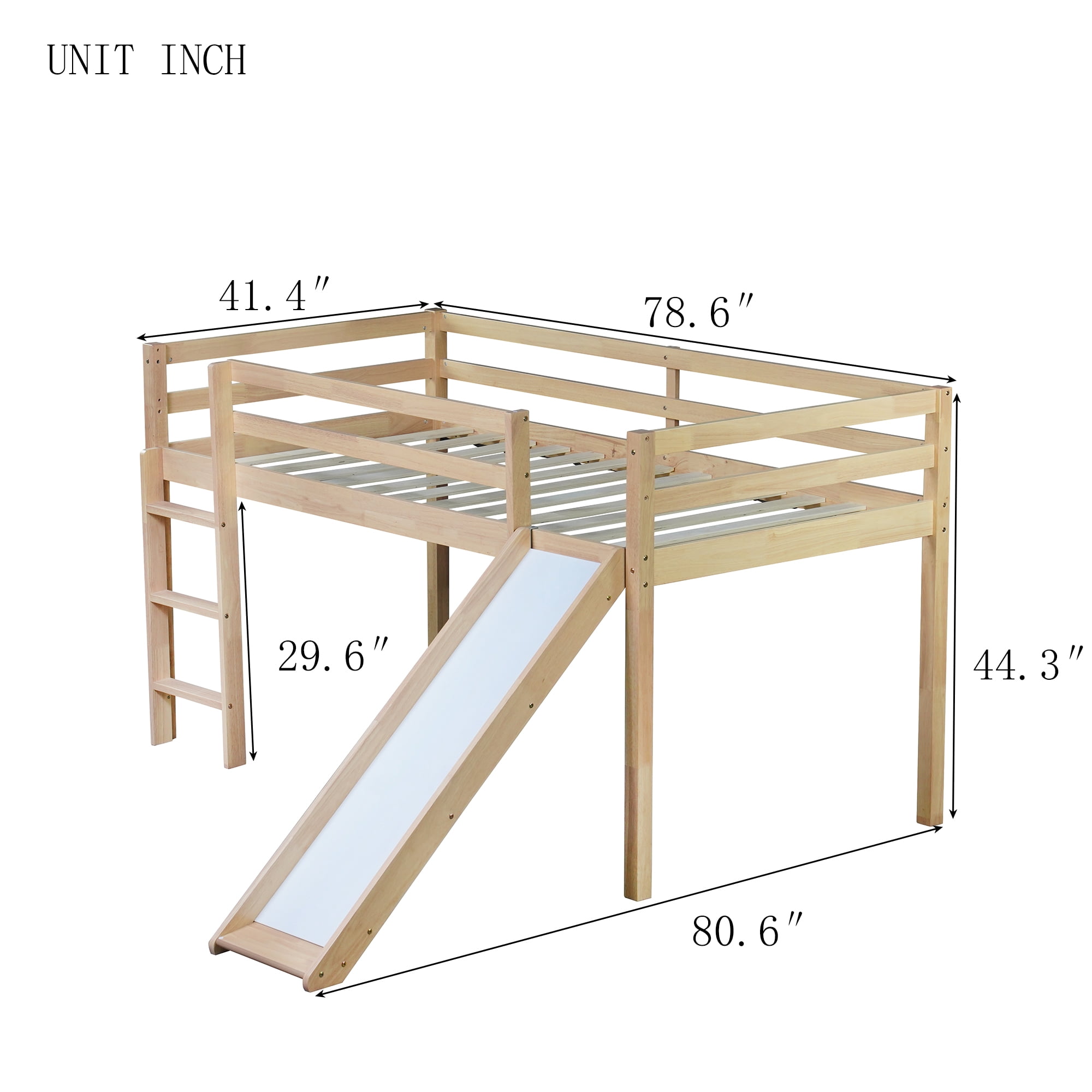 Miniyam Wood Twin Size Loft Bed with Slide, Ladder, Guardrails for Kids, Oak