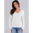 thumbnail image 2 of Women Long Sleeve Cable Knit Sweater Fall Fashion V Neck Fitted Pullover Business Casual Fall Outfits White M, 2 of 8