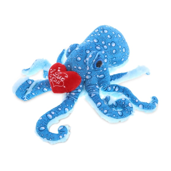 DolliBu I LOVE YOU Wild Collection Plush Blue Octopus - Cute Stuffed Animal with Red Heart And With Name Personalization For Valentine, Anniversary, Romantic Date, Boyfriend & Girlfriend Gift - 16"