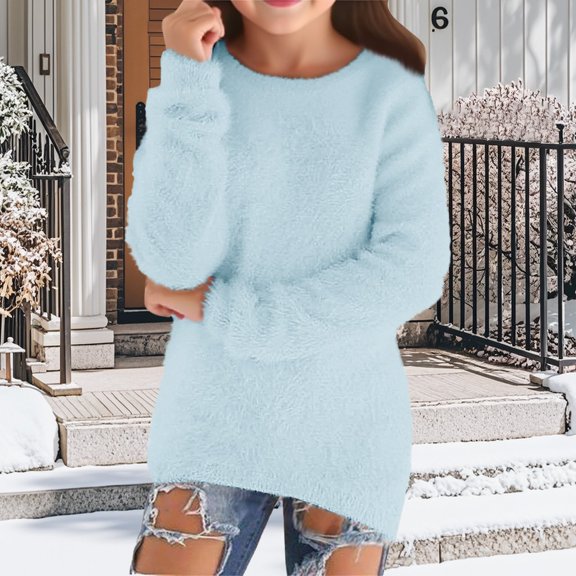 LIJCC Kid Girl's Long Sleeve Crew Neck Fluffy Fuzzy Jumper Pullover Sweater Dress Soft Comfy Loose Oversized Fashionable Long Knitted Tops Fall Winter Clothes
