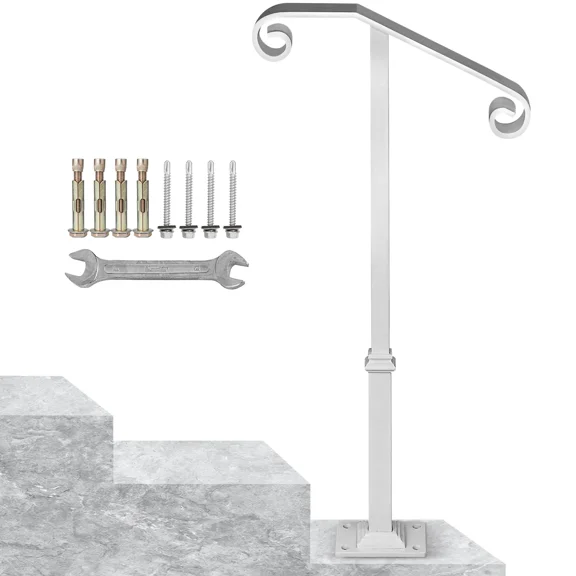 White Wrought Iron Single Post Handrail for Steps-Durable Grab Rail Support for 1 or 2 Steps-Secure and Stylish Stair Safety Solution