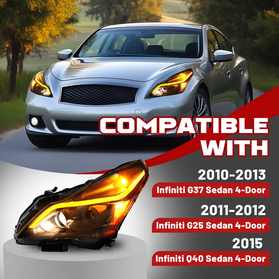Kojem Smoked LED Projector Headlights for Infiniti G37/G25/Q40 Sedan 4-Door 2010-2015