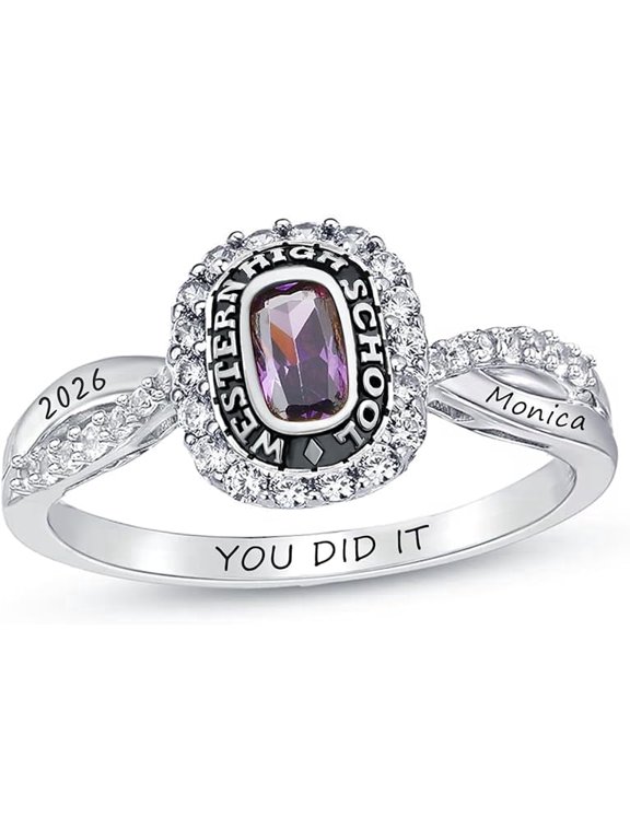 Personalized Dark Purple Cushion Cut Stone Custom High School Name Year Inside Engraving 925 Sterling Silver