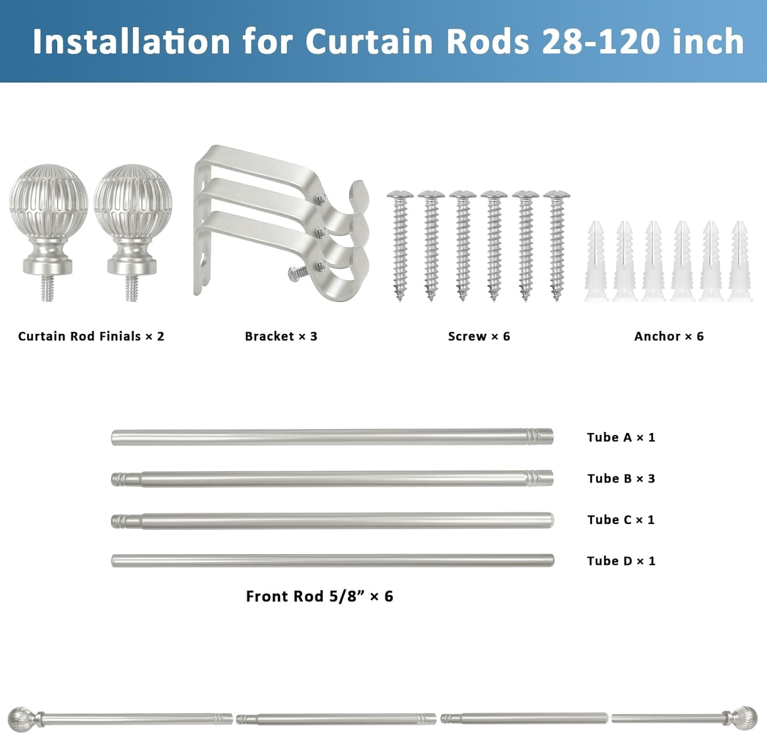Urbanest Adjustable Volle Single Curtain Rod Set – 5/8 - Inch Diameter, With Pewter Rod, 28–120 Inches