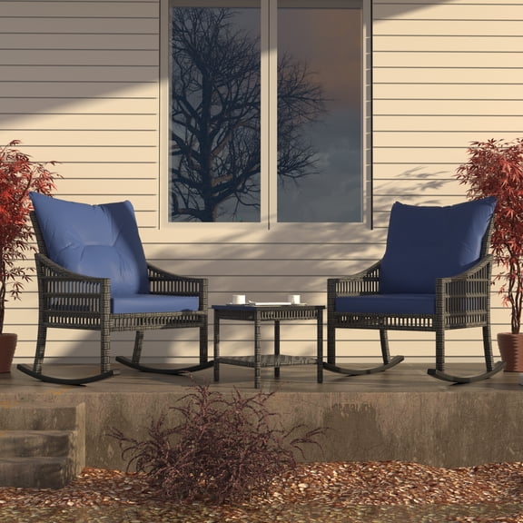VEIKOUS 3-Piece Outdoor Bistro Sets with Rattan Rocking Chair and Tempered Glass Table, Blue