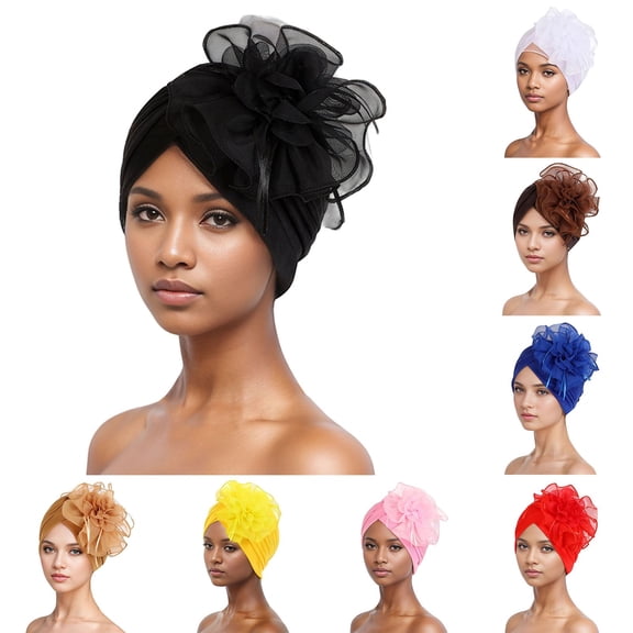 ZDNIXIAN Stretchy Ruched Turban Head Wrap with Large Organza Flower Ornament Color Elegant Hair Cover Lightweight Fashion Headscarf for Party Daily Occasions