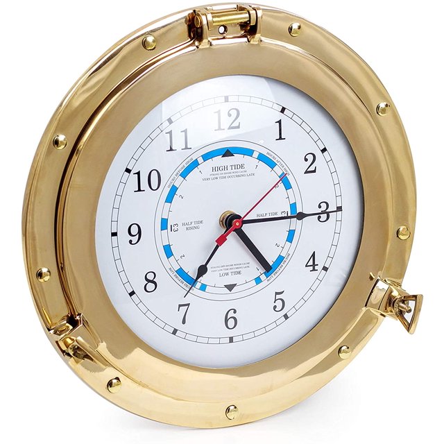 12" Solid Brass Porthole Tide & Time Clocks Fully Functional Tidal