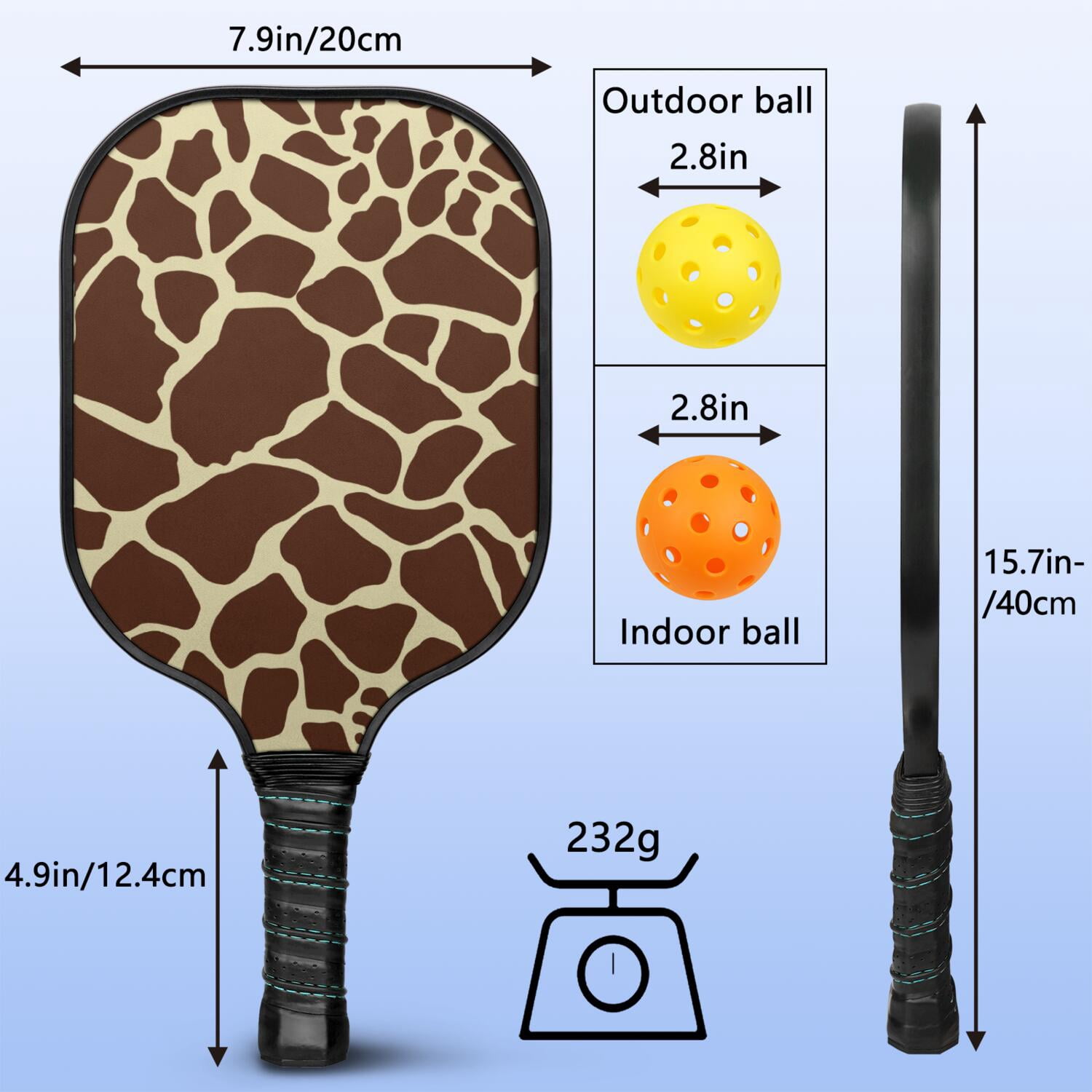 Pickleball Paddles Set Of 1, Fiberglass Surface, Animal, Leopard Print, 1 Paddle, 2 Balls & Bag