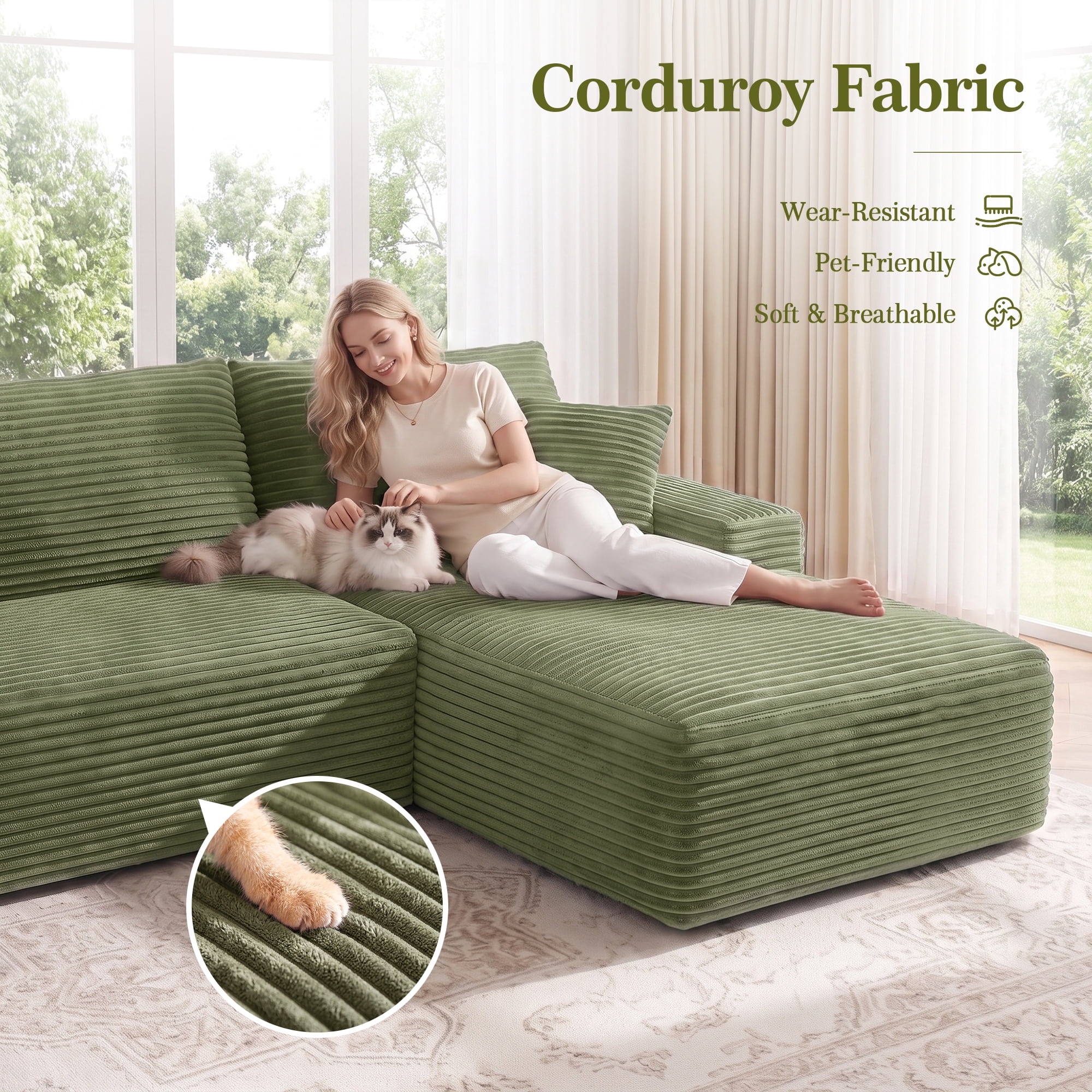 Aukfa 107" Boneless Modular Sectional Sofa, L-Shaped Corduroy Couch with Deep Seat and Right-Facing Chaise for Living Room, Green