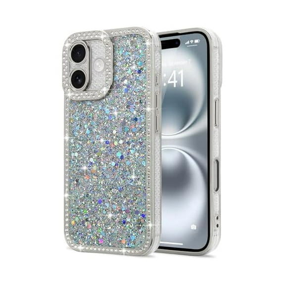 for iPhone 16 Case Glitter, Luxury Shiny Bling Sparkly Phone Cover with Crystal Diamonds Rhinestone for Women Girls Soft TPU Slim Shockproof Protective Phone Case for iPhone 16 6.1", Sliver