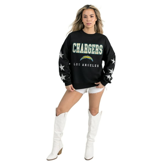 Women's Gameday Couture  Black Los Angeles Chargers Velocity Relaxed Rhinestone Pullover Sweatshirt