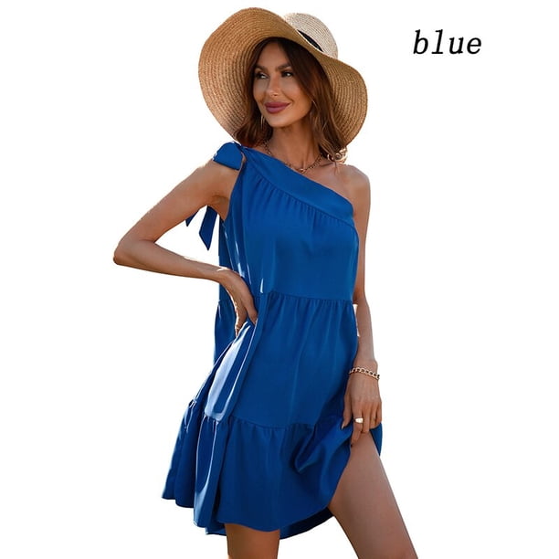 2023 New Dress Women's Fashion Sexy One Shoulder Sleeveless Loose Short Skirt Summer Beach Dress $13.25XL Gao Jinjia LED