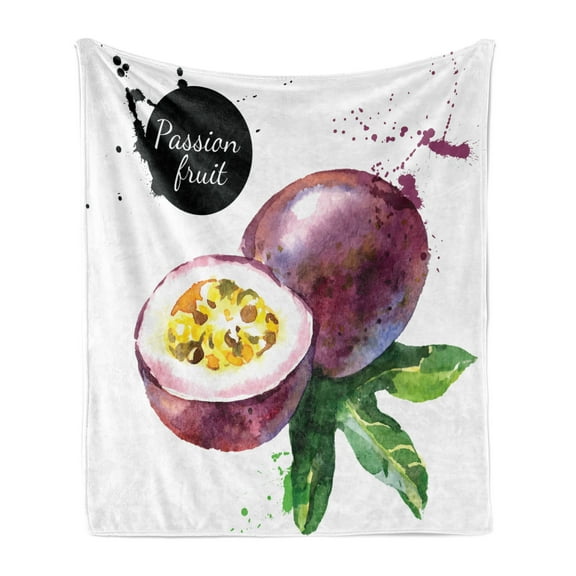 Fruit Soft Flannel Fleece Blanket, Hand Drawn Watercolor Passion Fruit with Foliage Color Splashes Backdrop, Cozy Plush for Indoor and Outdoor Use, 50" x 70", Purple Green and Black, by Ambesonne
