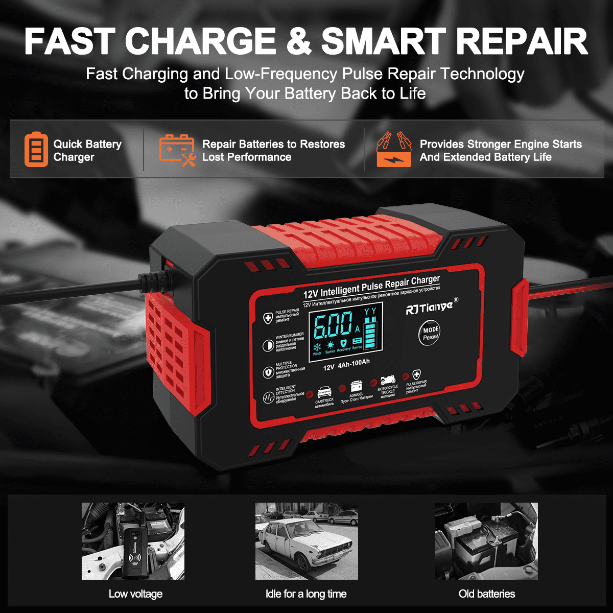 Automatic Battery Charger, 12V/6Amp Battery Maintainer, GPED Smart Car Trickle Charger with Temperature Compensation Auto Stop for Car Truck Motorcycle Lawn Mower Boat Marine Lead Acid Batteries,Red