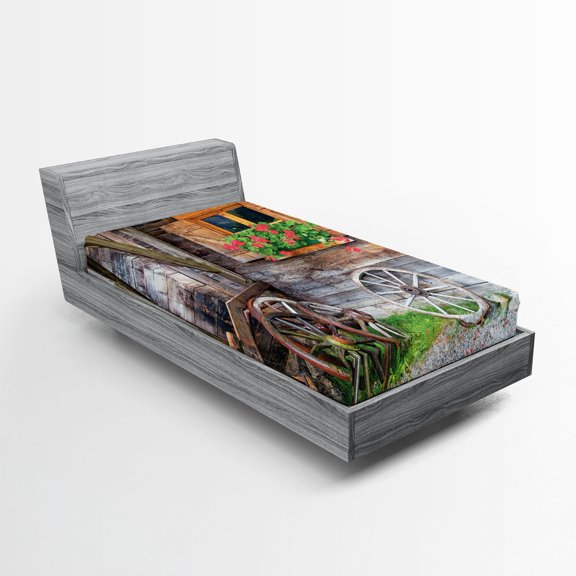 Ambesonne Rustic Fitted Sheet, Farmhouse Countryside, Twin XL Size, Brown Green Red