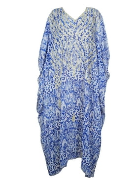 Mogul Women Blue,White Maxi Caftan Dress Floral Embroidered Maternity Loose Cover Up Dress 4X