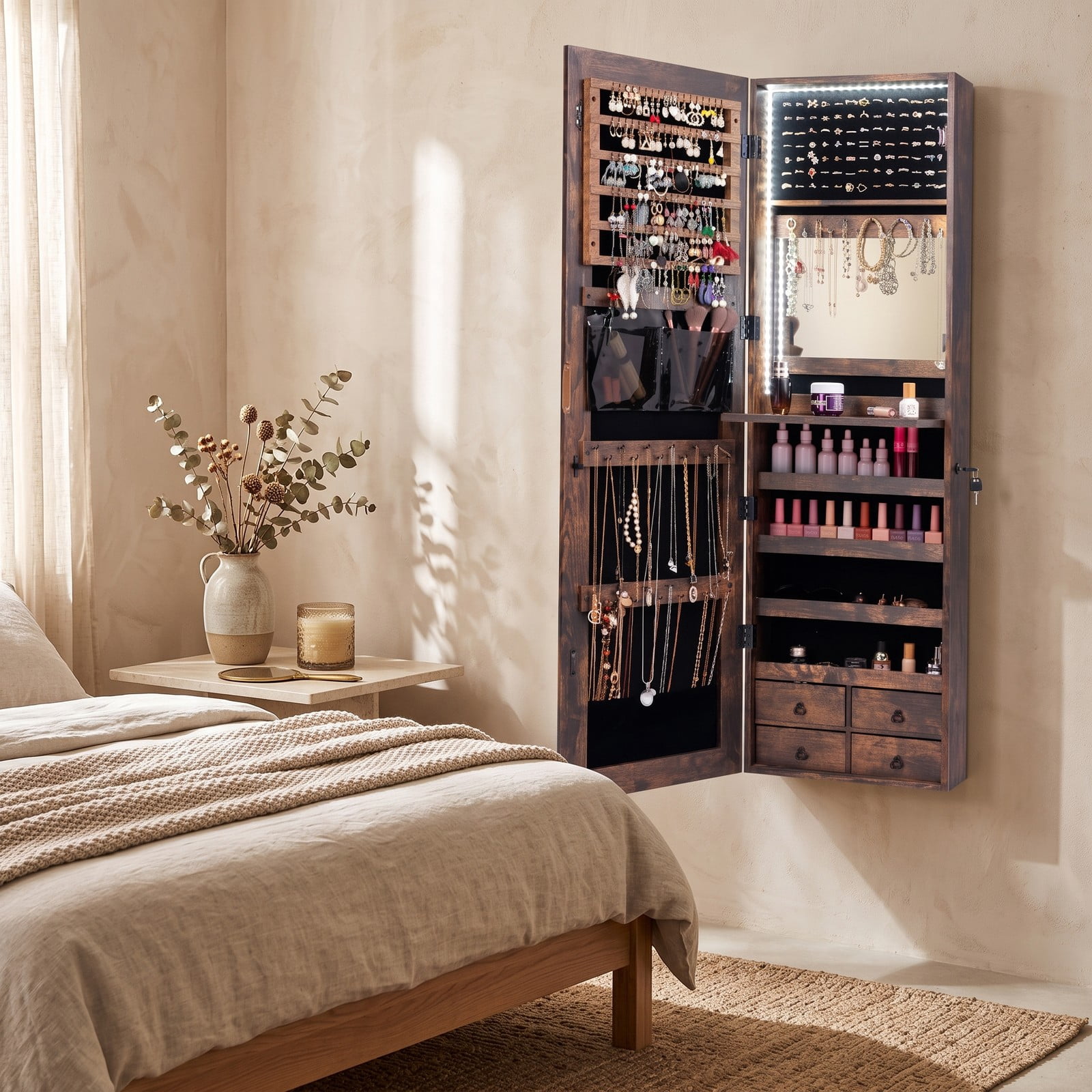 Furnibear Wall and Door Mounted Jewelry Cabinet with Full-Length Mirror, 4 Drawers, and 96 LED Lights for Bedroom Storage, Rustic Brown