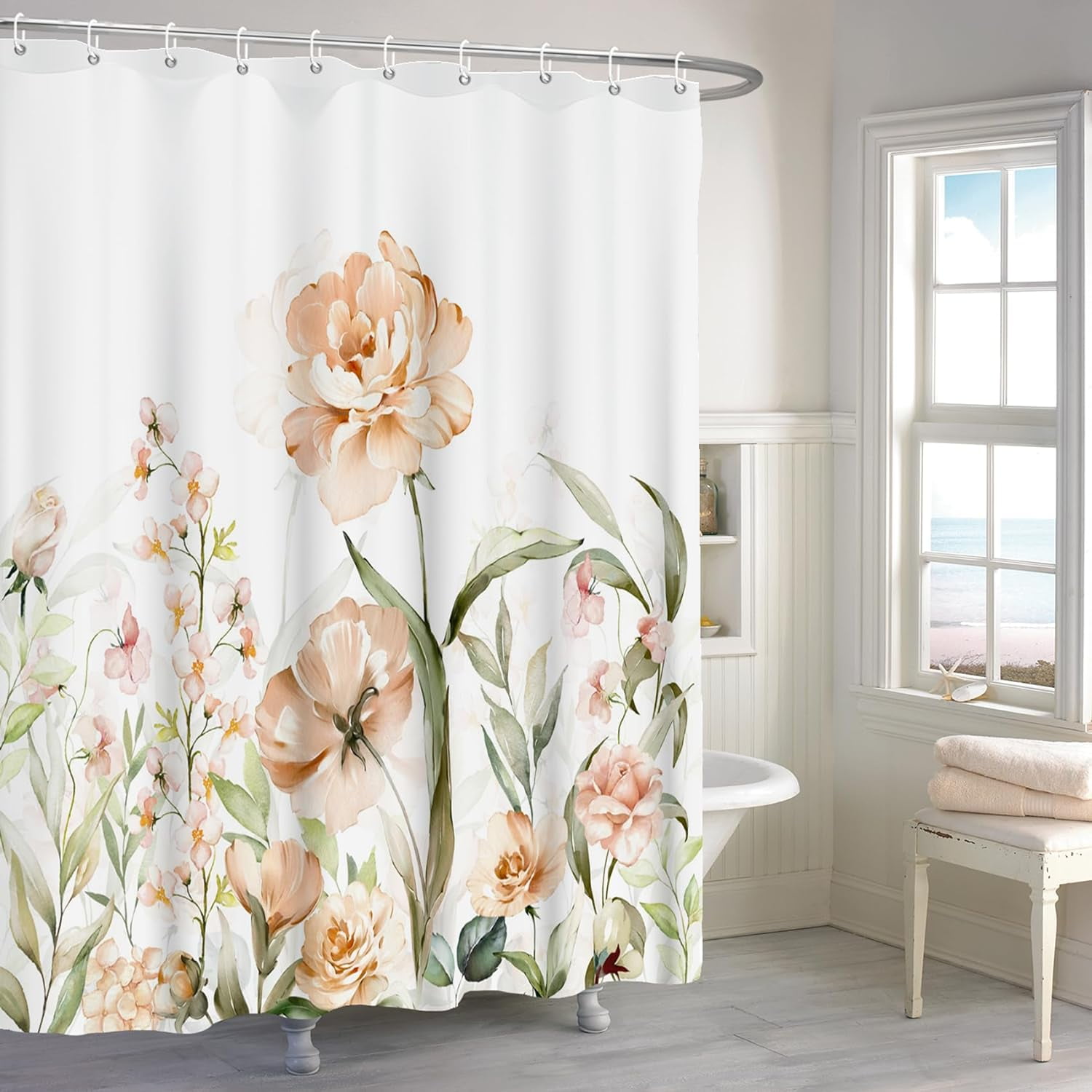 Floral Shower Curtain Spring Pastel Yellow Watercolor Flower Blossom Leaves Plants Botanical Shower Curtains Set for Bathroom Decor Polyester Fabric Waterproof with Hooks 72x80 inch