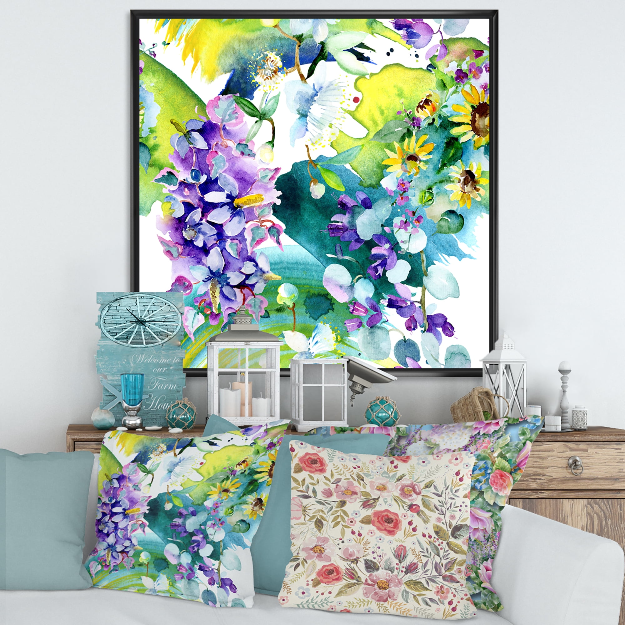Designart 'Bouquet of Sunflowers and Wildflowers' Farmhouse Framed Canvas Wall Art Print