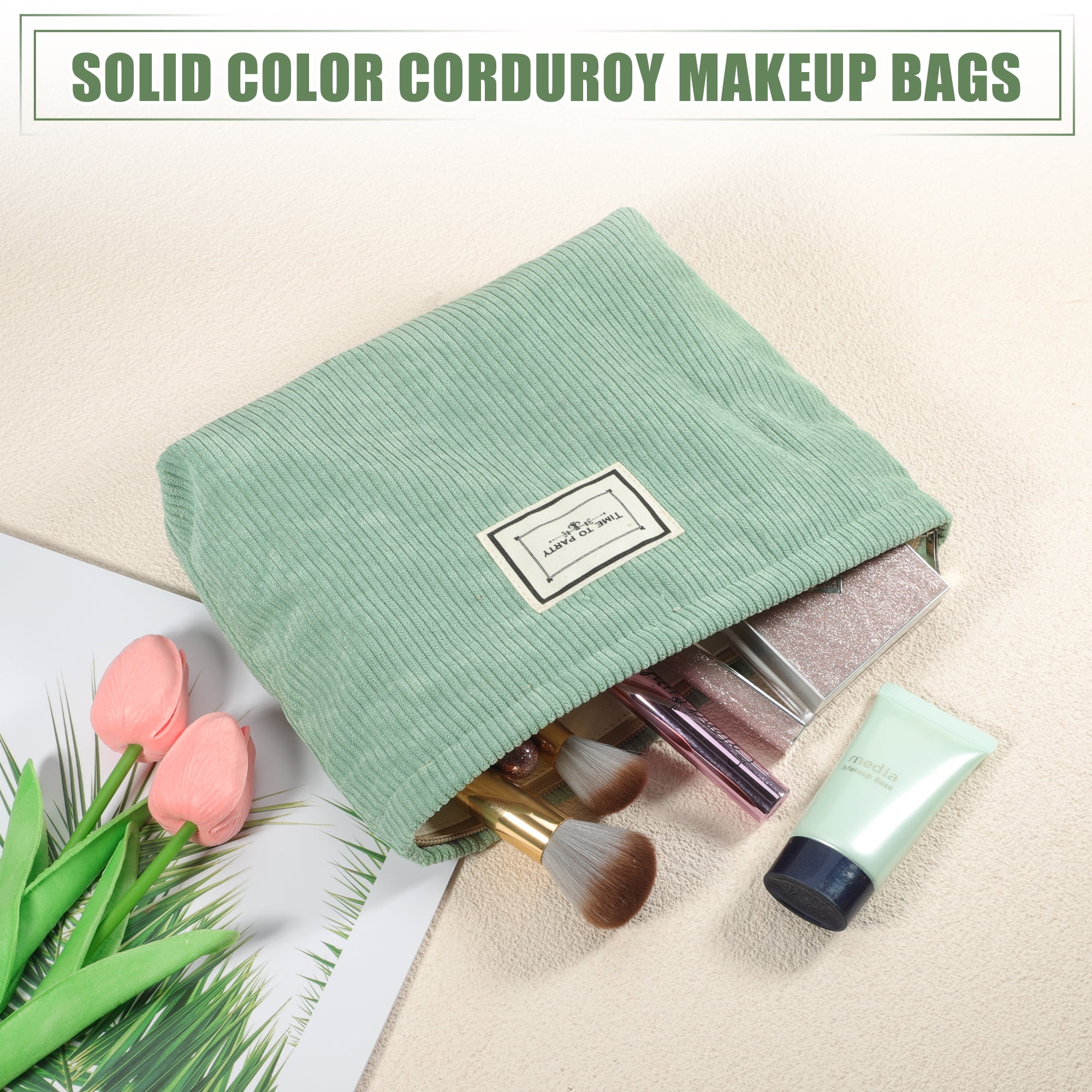 Unique Bargains Women Corduroy Makeup Bags Corduroy Cosmetic Bag Zipper Makeup Pouch Green