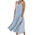 thumbnail image 1 of CHOK Robes d'Été Femmes Été Décontracté Sans Manches Lin Coton Fluide Poche Longue Maxi Robes d'Été pour Femmes Couleur Unie Grande Taille Robe pour Femmes Col en V Robe de Collation des Grades, 1 of 8