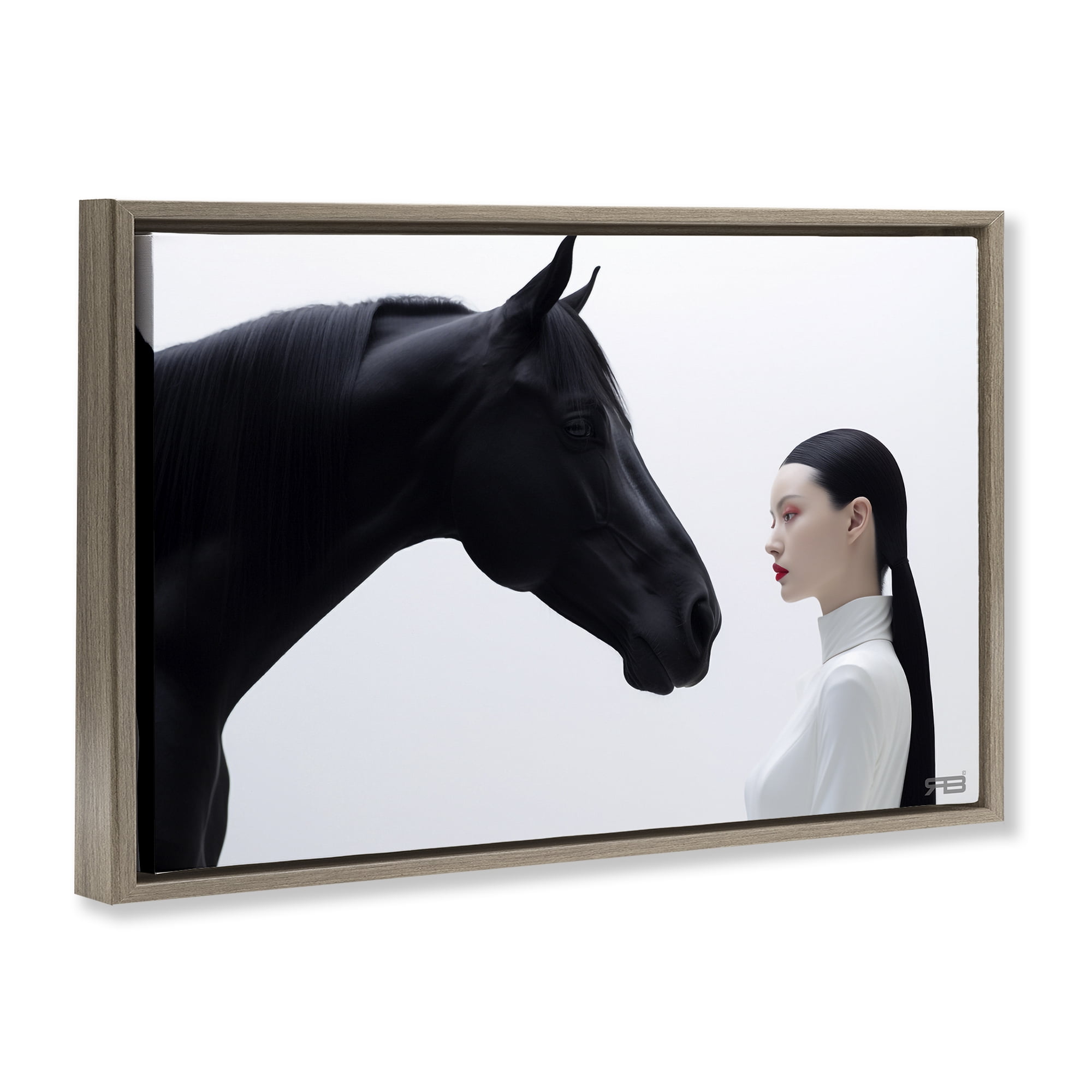 Stupell Industries Sleek Black Horse & Girl People Painting Brown Floater Framed Canvas Art Print Wall Art, 31 x 21