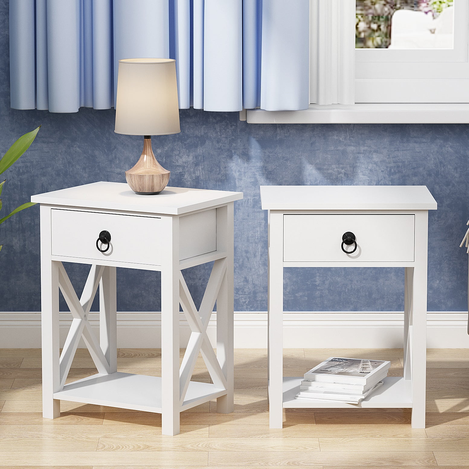 2PCS Rustic Nightstand with Drawers, Modern Wood Side Table with X
