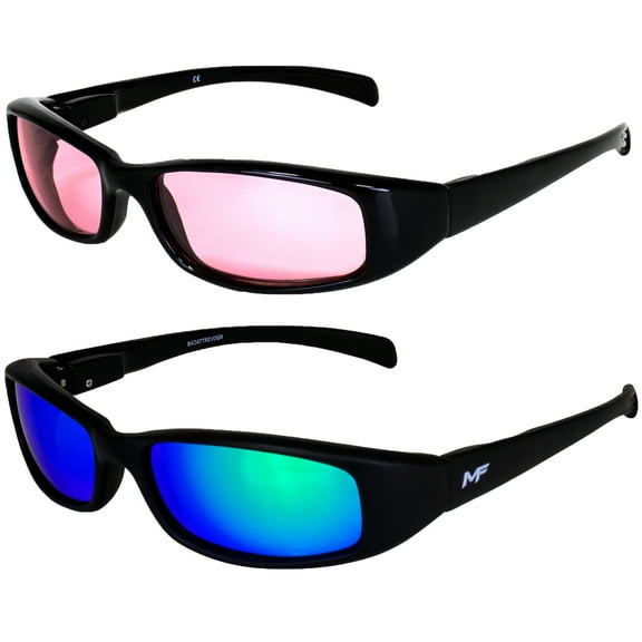 2 Pairs of MF Eyewear Bad Attitude Cool Wraparound Motorcycle Sunglasses Black Frames with Rose & Green Mirror Lenses