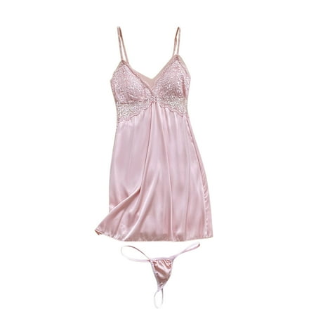 Lovskoo 2024 Women s Satin Spaghetti Strap Sleepwear Babydoll Sleepwear Sleeveless Ruffle Chemise Nightgown with Thong Pink