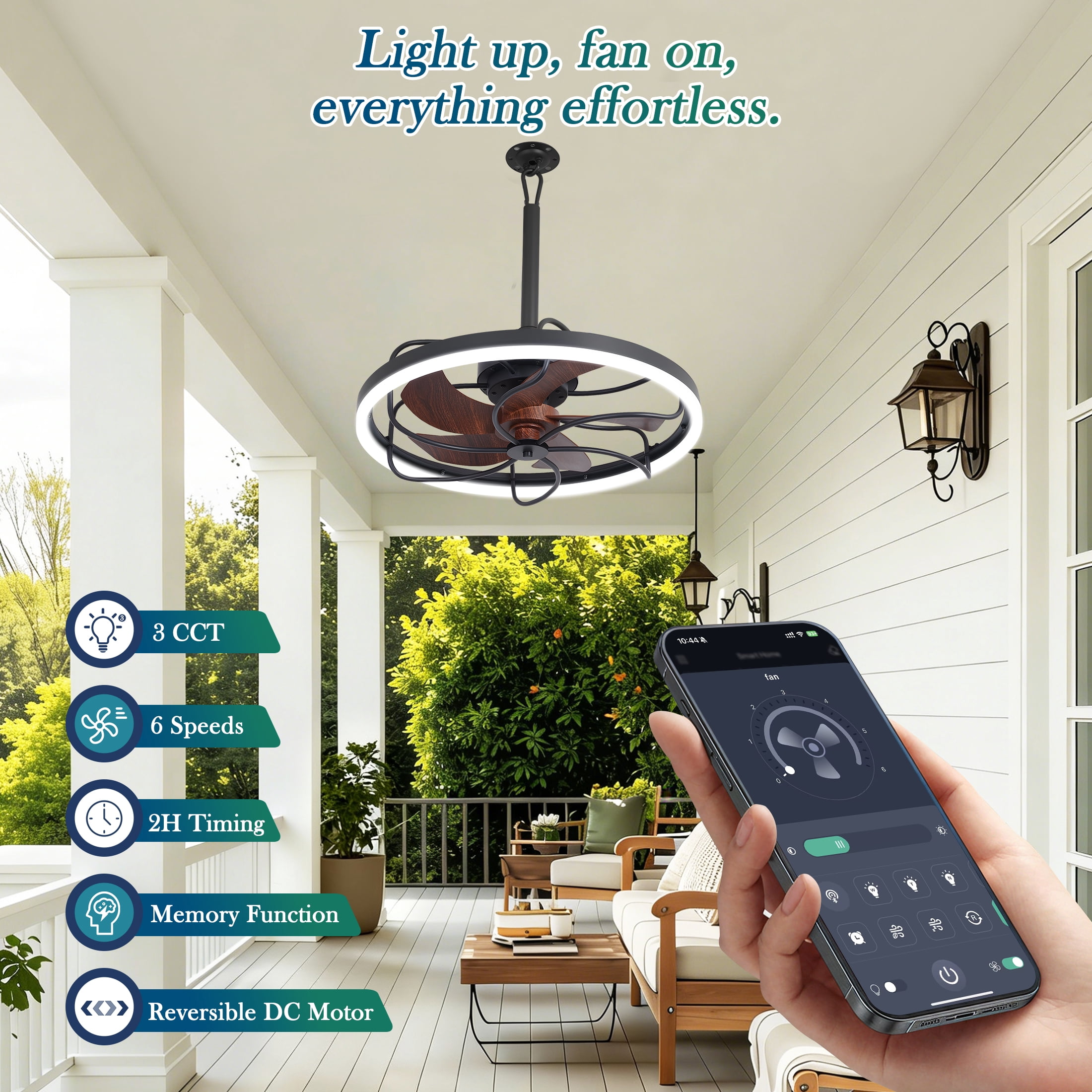 Erinnyees 20" Outdoor Ceiling Fan with Light and Remote Control,Waterproof Gazebo Fan,6 Speeds,3CcT Dimmable LED for Patio,Porch,Pergola,Black