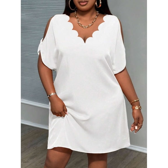 White Plus Size Dress With Cold Shoulder Sleeves And Scallop Edge V-Neck