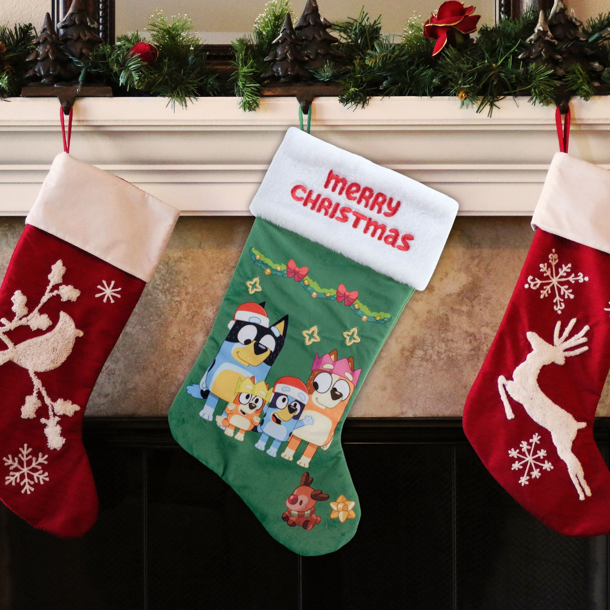 Bluey 20 inch Velvet Christmas Stocking with Embroidered Merry Christmas Design for Holiday Decoration