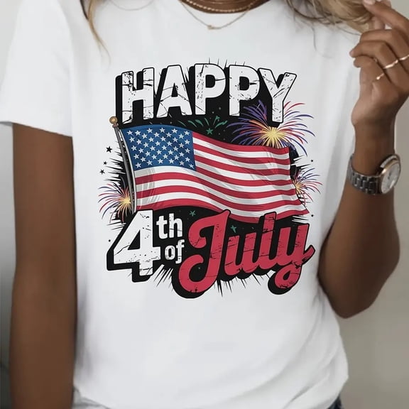 【New Arrival】Women Happy 4th of July Distressed USA Flag Firework Print T-Shirt Patriotic Independence Day Casual Short Sleeve Cotton Tops