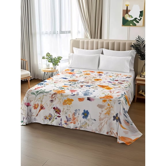 King Size Flat Sheet Only,Spring Colorful Floral Wildflowers Soft Top Bed Sheets Breathable Bedding Sheet Country Leaves Herb Microfiber Hotel Luxury Top Sheets